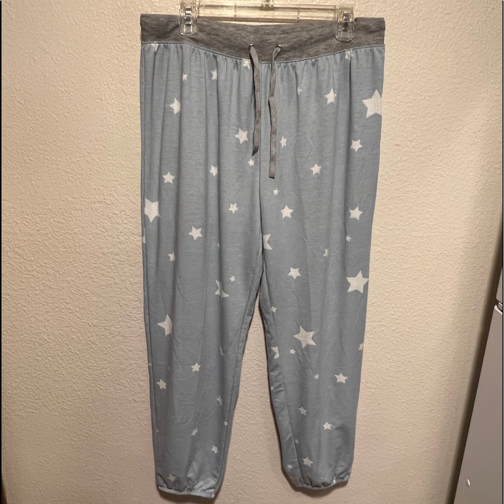 Splendid Lounge Jogger Pajama Pants Stars Light Blue/Gray Cuffed Drawstring Size